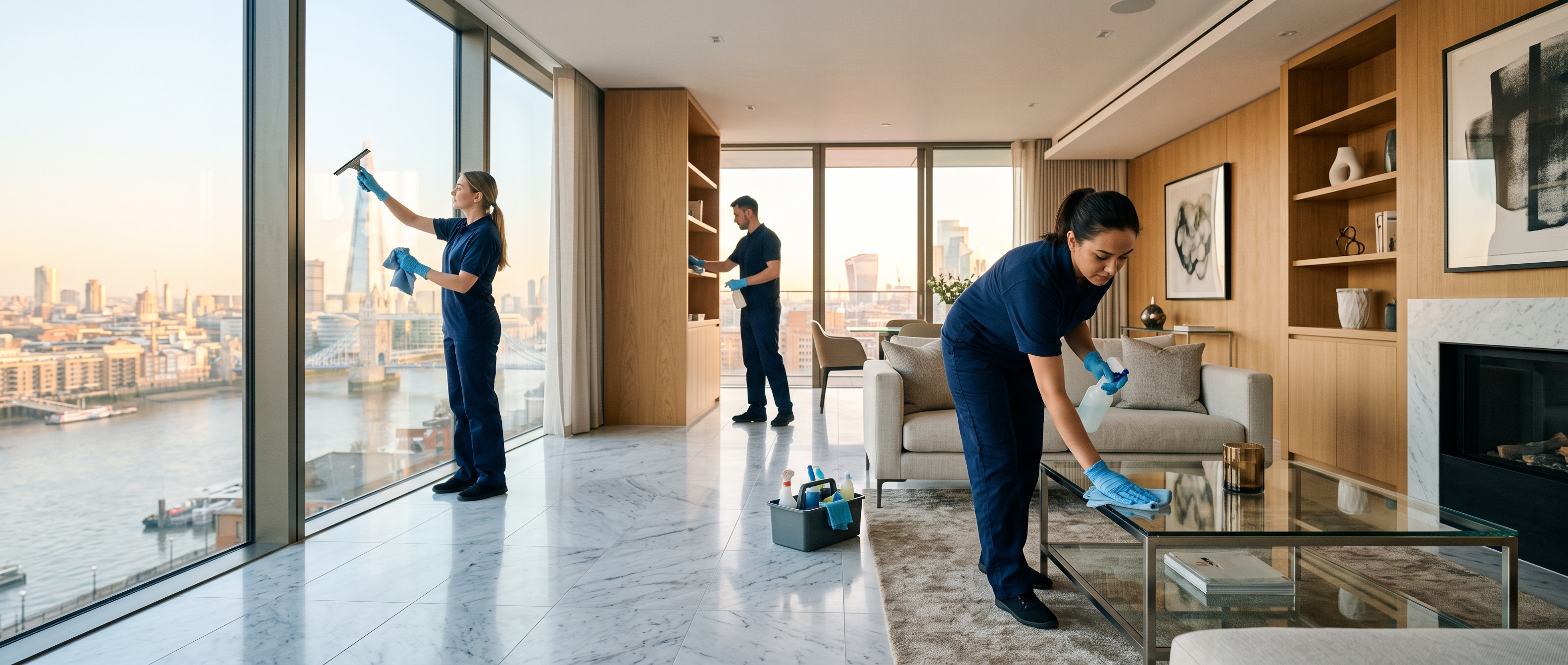 TLK Services professional cleaning team working in a bright luxury living room