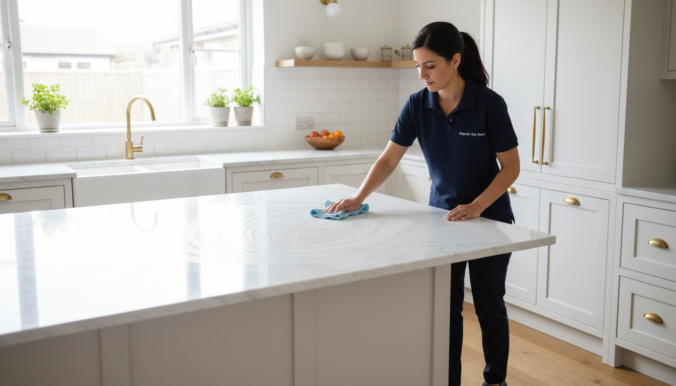Cleaner wiping a marble kitchen island in a modern home