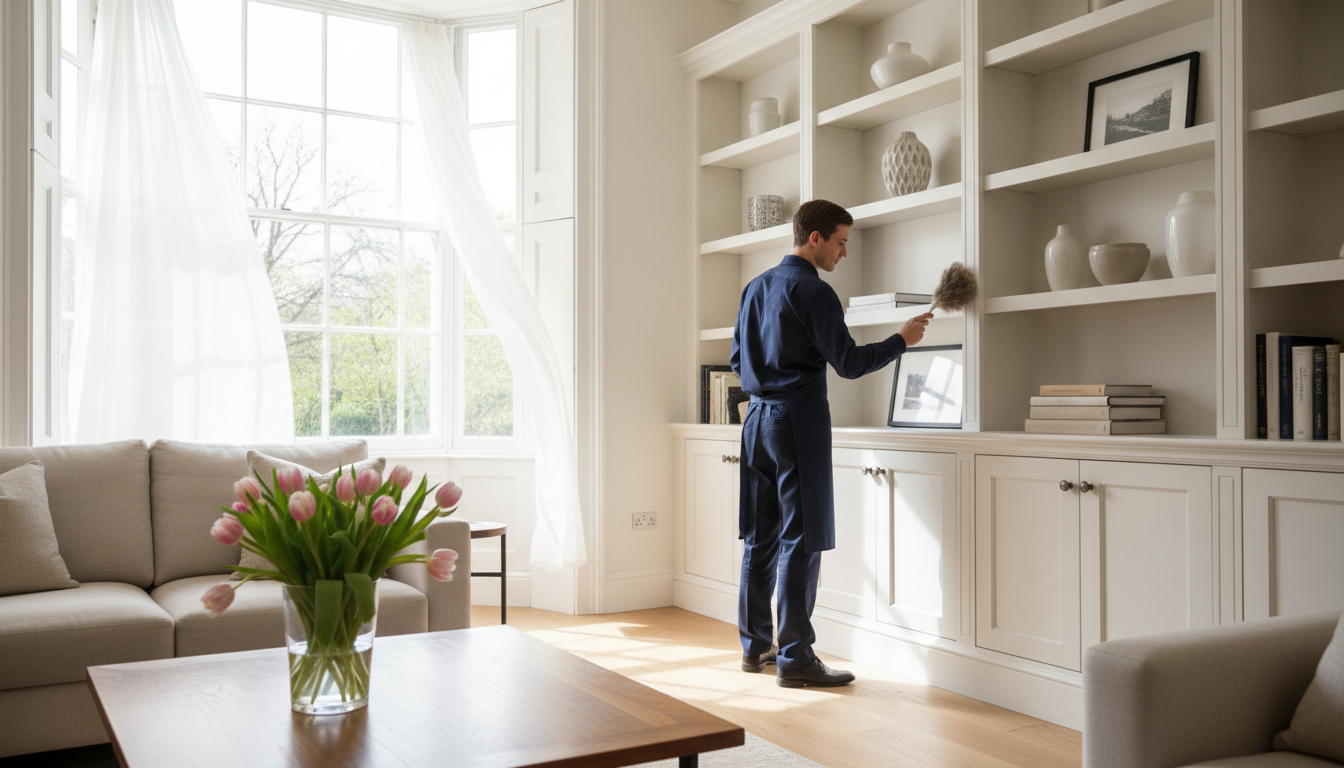 Cleaner dusting shelves in a sunlit living room during a spring clean