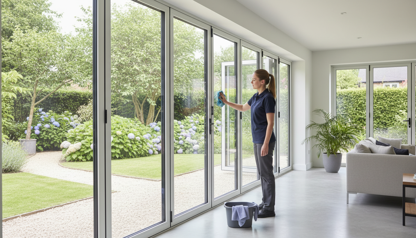 Cleaner polishing tall glass doors that open onto a summer garden