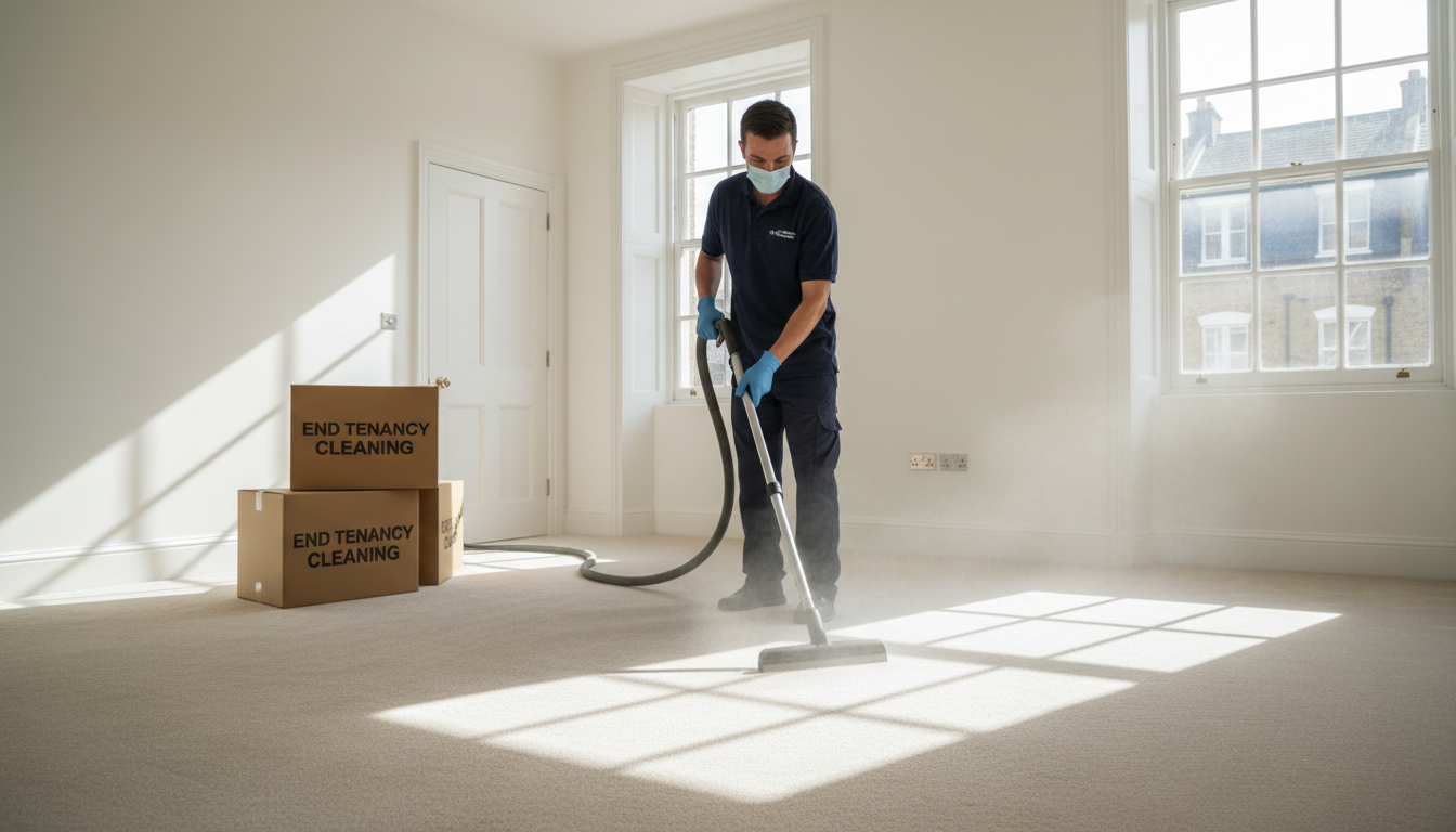 Cleaner steam-cleaning the carpet of an empty apartment at end of tenancy