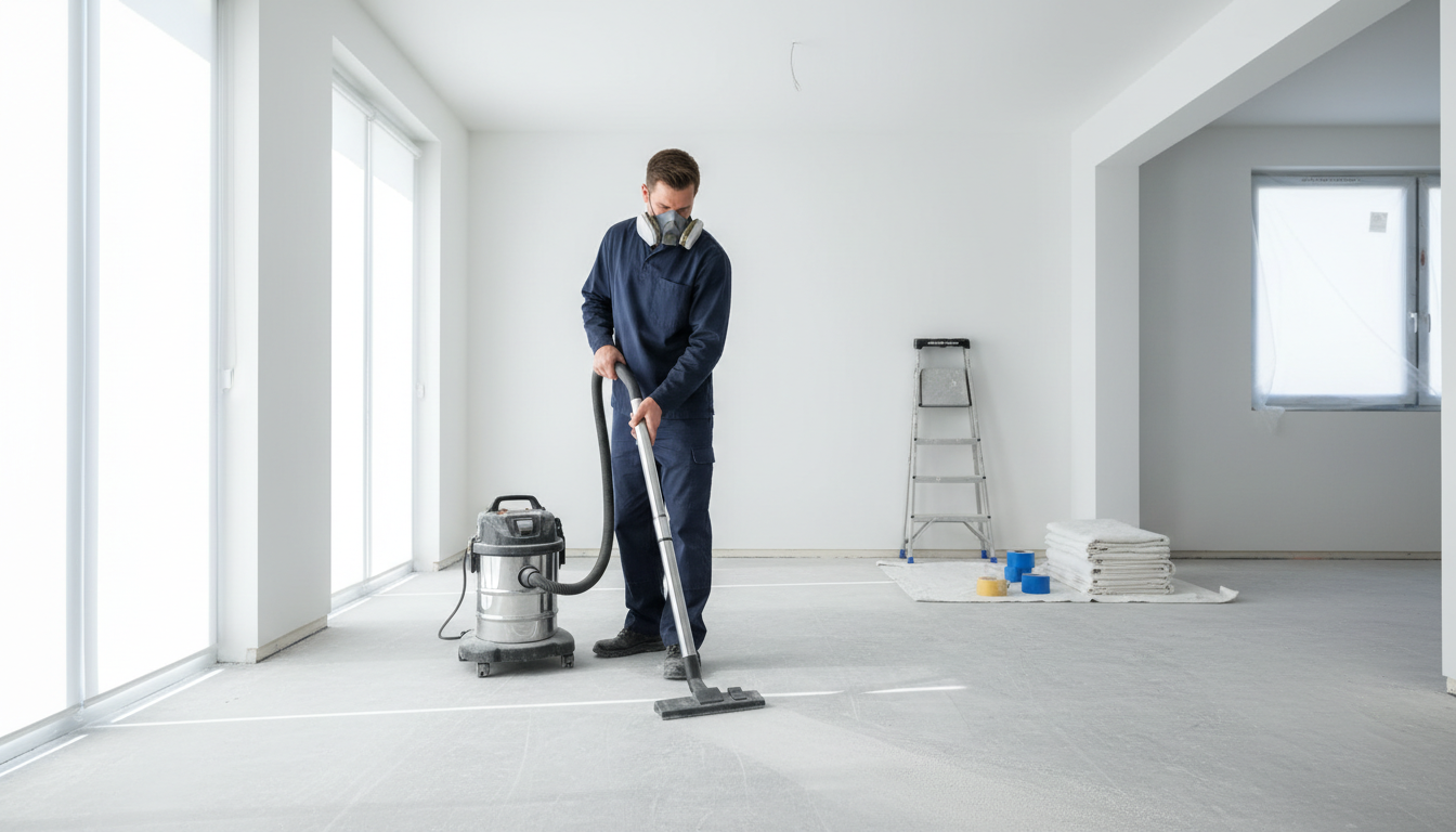 Cleaner removing fine construction dust from a newly renovated interior