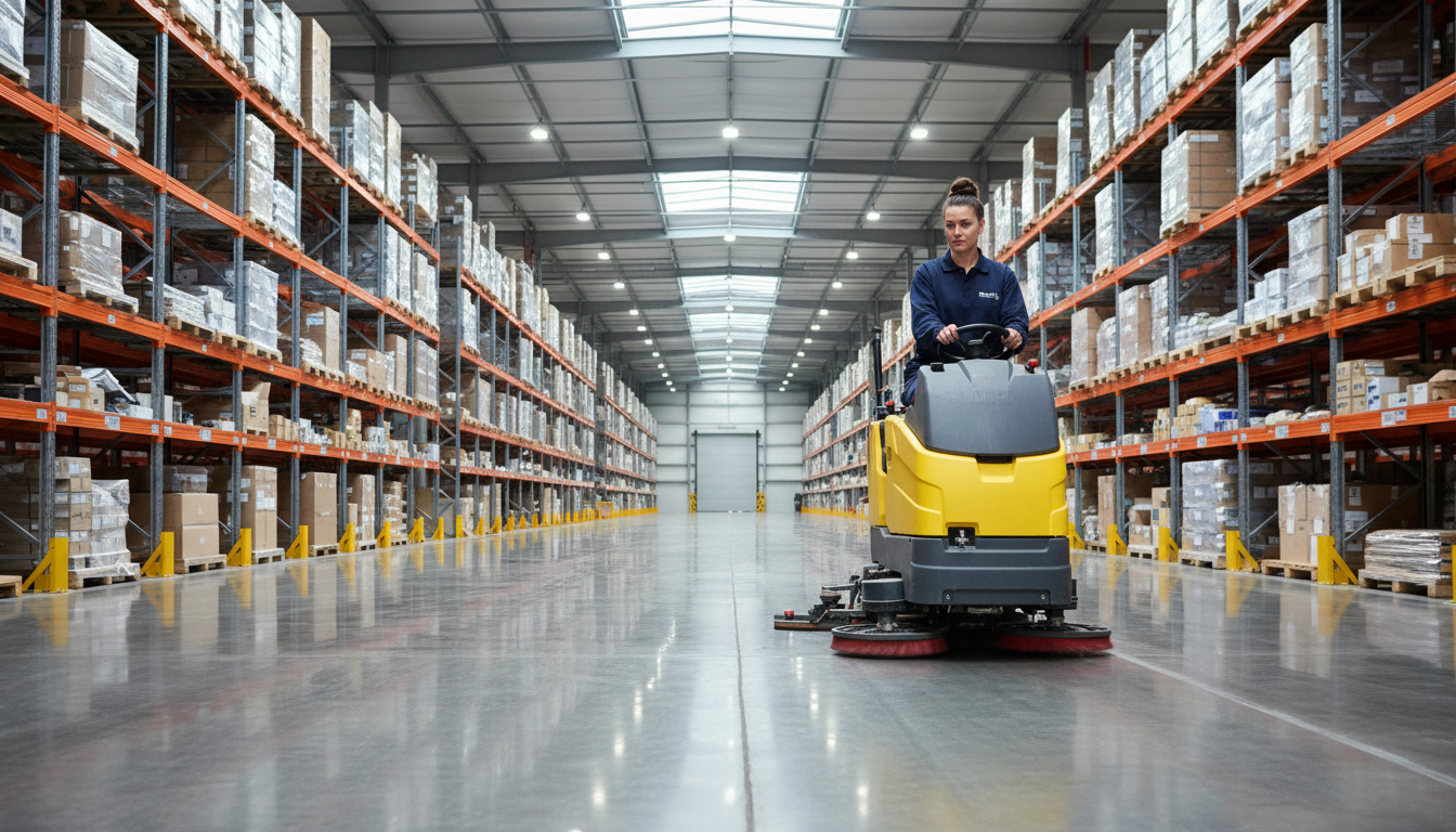 Industrial floor scrubber cleaning the aisle of a large modern warehouse