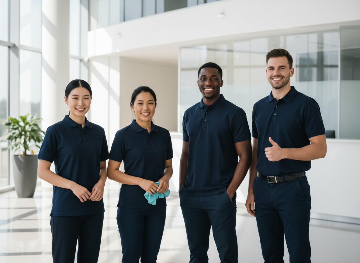 The TLK Services team in uniform, smiling in a bright modern lobby