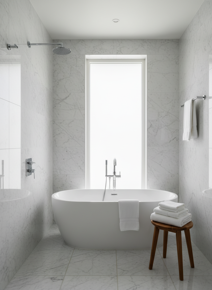 A sparkling marble bathroom after a TLK professional clean