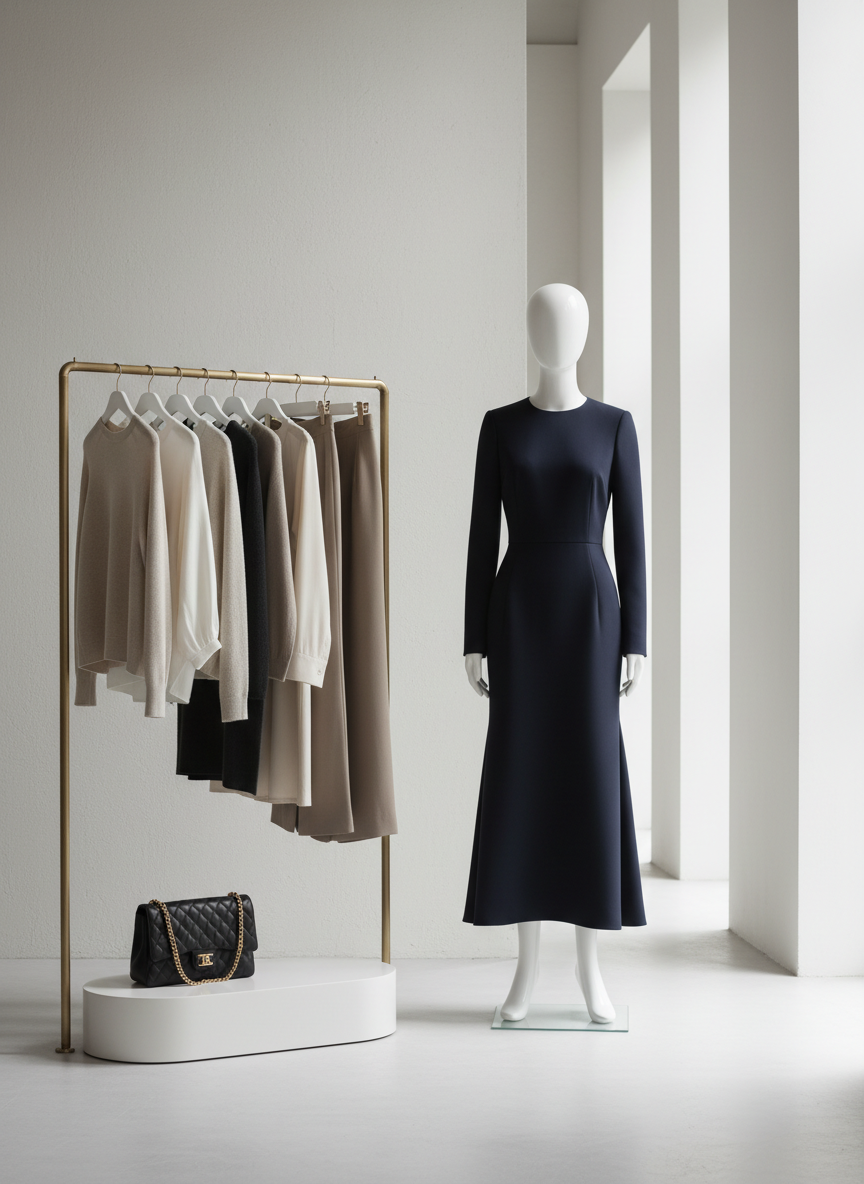 An elegant navy tailored dress on a mannequin in a bright fashion studio