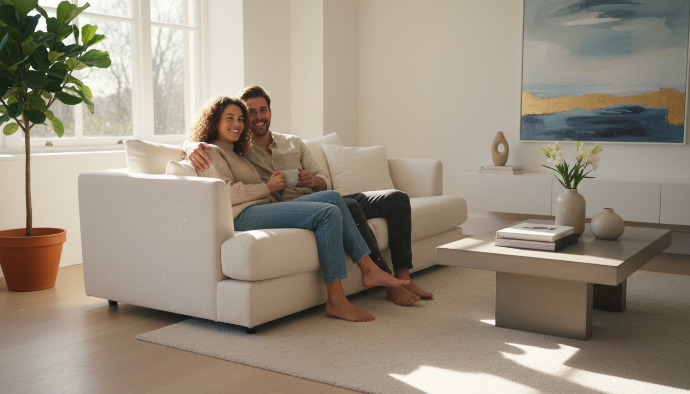 A relaxed couple enjoying their freshly cleaned living room