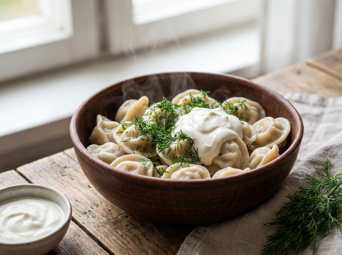 Frisch gekochte Pelmeni mit Smetana und Dill