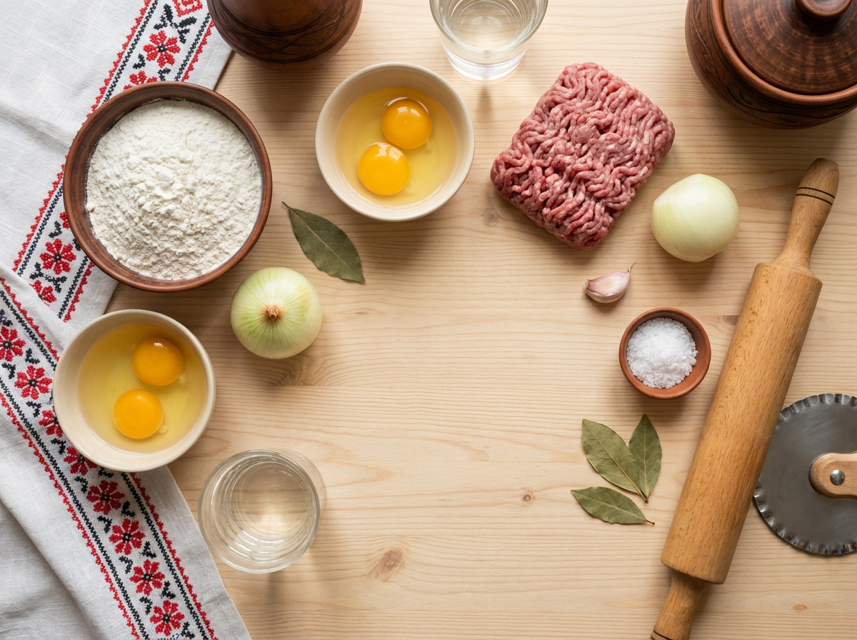 Zutaten für Pelmeni: Mehl, Eier, Hackfleisch, Zwiebel, Knoblauch, Salz