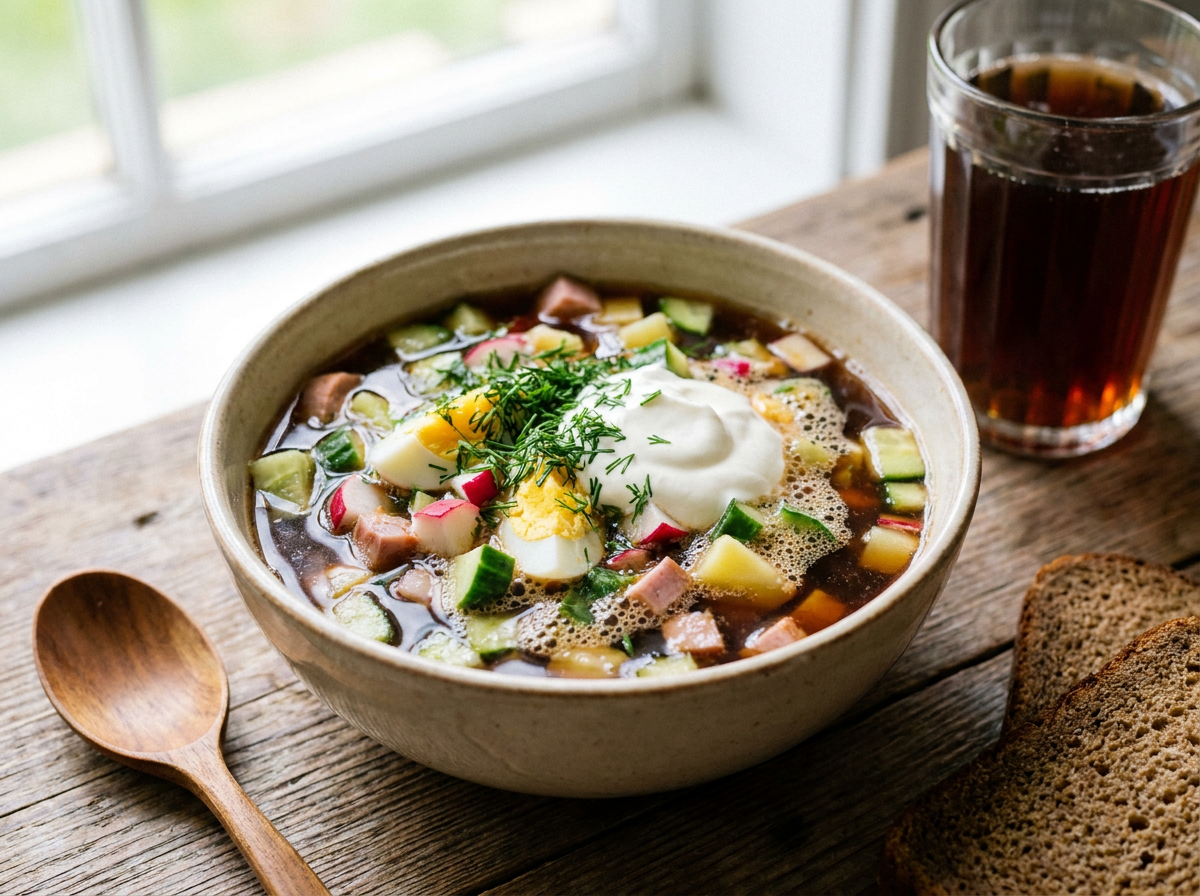 Okroschka — kalte russische Sommersuppe mit Smetana und Dill