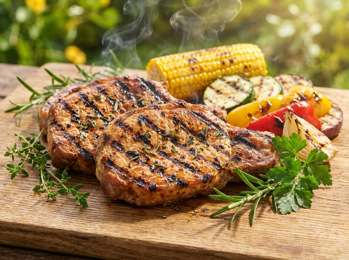 Marinierte Schweinesteaks frisch vom Grill mit Grillgemüse