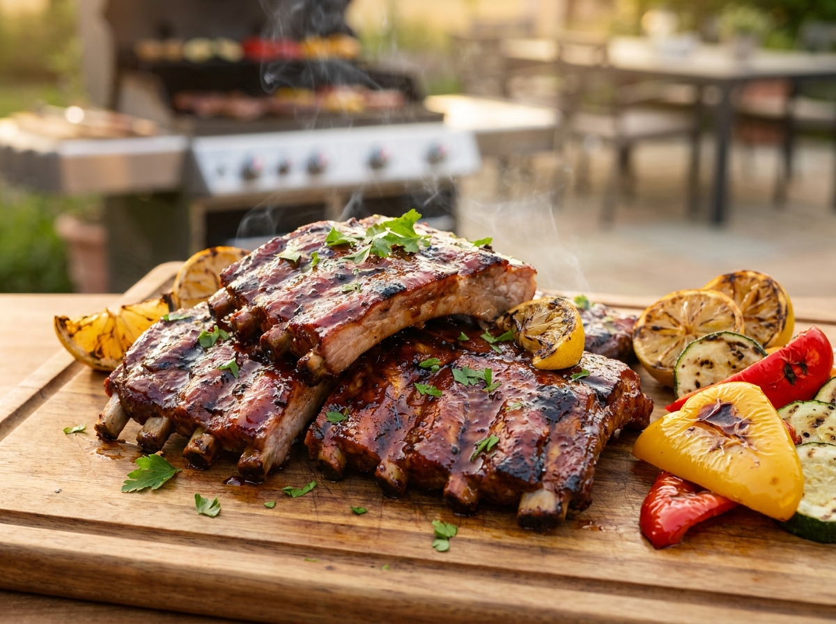 Glasierte Schälrippchen frisch vom Grill mit Grillgemüse und Zitrone