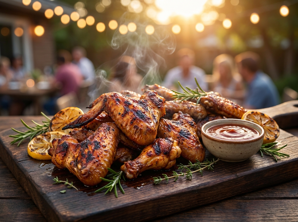 Marinierte Hähnchenflügel knusprig vom Grill mit Dip und Zitrone