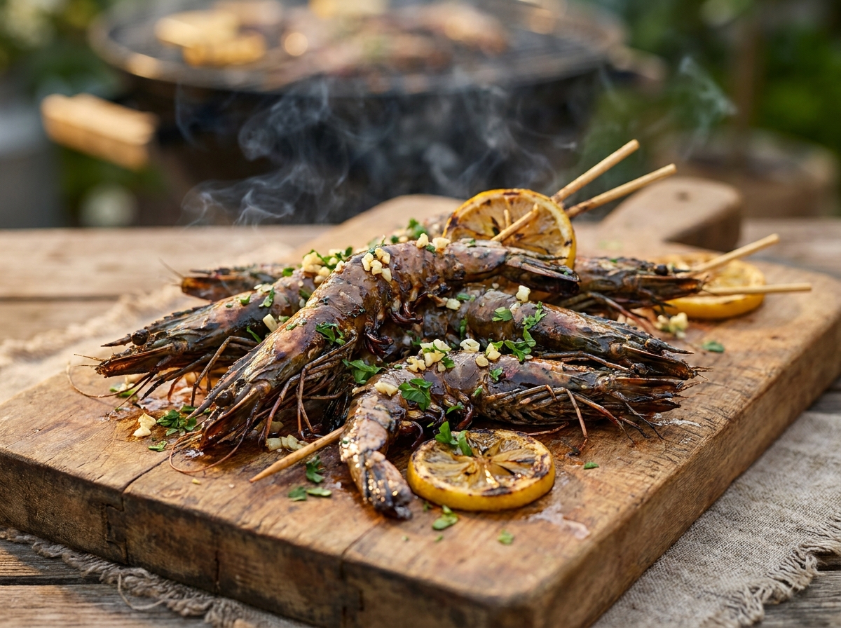 Gegrillte Black Tiger Garnelen am Spieß mit Knoblauch und Zitrone