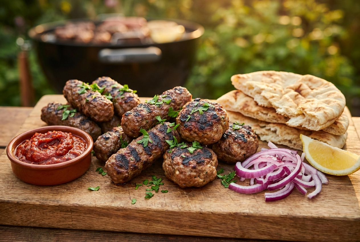 Saftige Cevapcici und Frikadellen vom Grill mit Ajvar, Zwiebeln und Fladenbrot