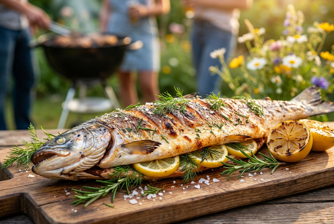 Ganzer norwegischer Lachs vom Grill mit Zitrone und Rosmarin