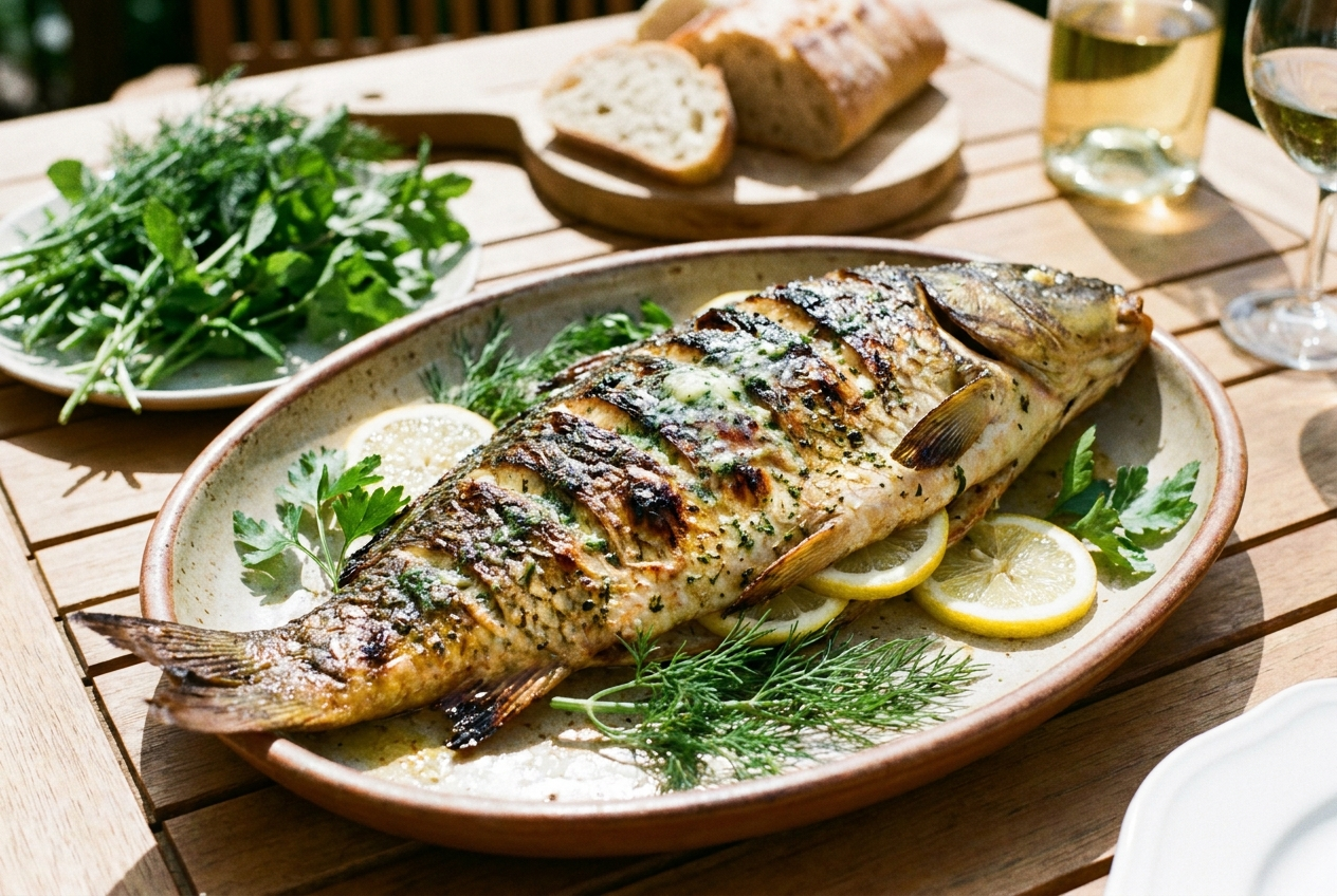 Ganzer Karpfen vom Grill mit Zitrone, Dill und zerlassener Kräuterbutter