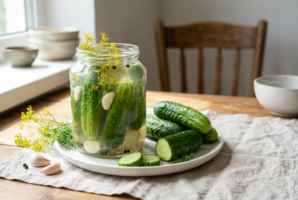 Schnelle Salzgurken (Malosolnyje Ogurzy) im Glas mit Knoblauch und Dill