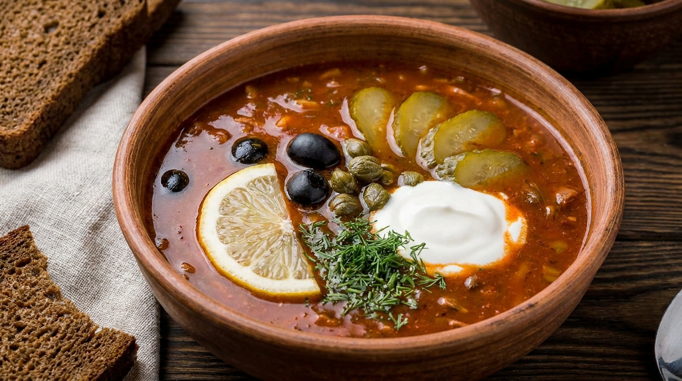Soljanka mit Rindfleisch, Salzgurken, Oliven, Zitrone und Sauerrahm in der Schüssel