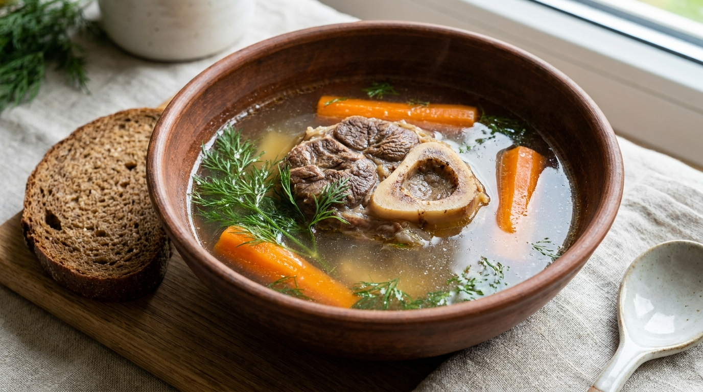 Klare russische Rindfleischsuppe mit Knochen, Karotten und Dill im Tontopf