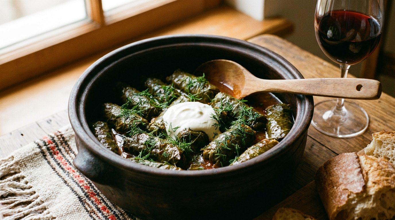 Moldauische Sarmale in Weinblättern mit Dill und Sauerrahm im Tontopf