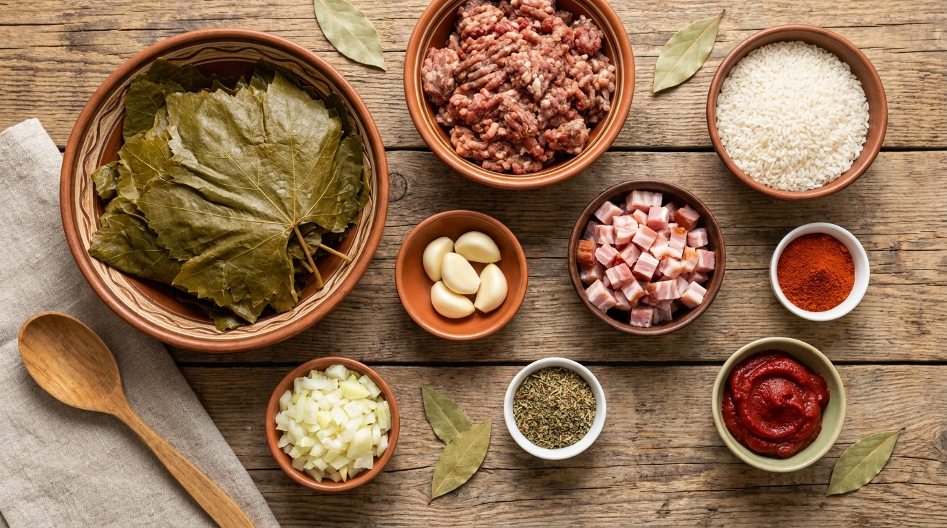 Zutaten für moldauische Sarmale — Weinblätter, Hackfleisch, Reis, Speck, Zwiebeln, Gewürze