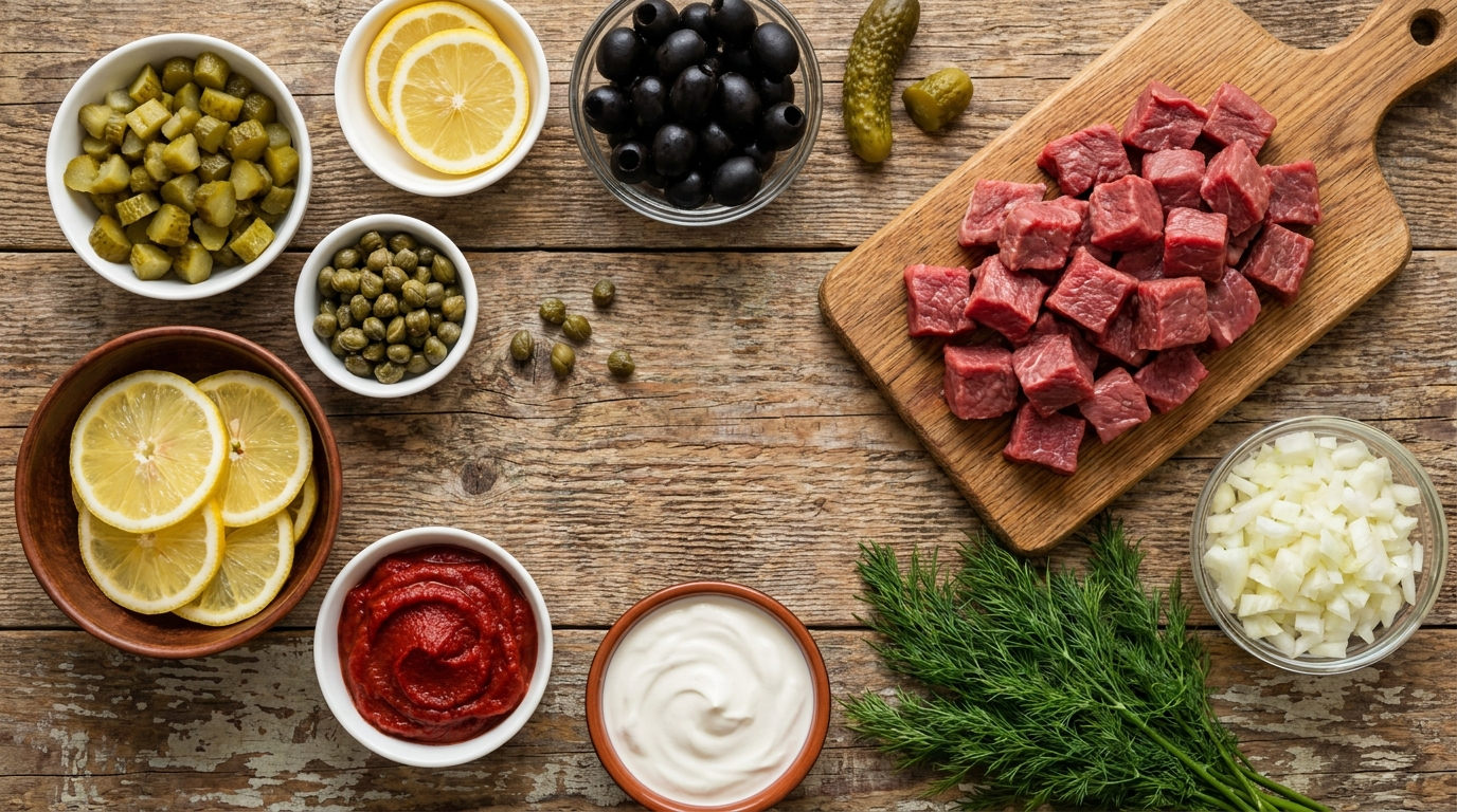 Zutaten für Soljanka — Rindfleisch, Salzgurken, Oliven, Kapern, Zitrone, Zwiebeln, Tomatenmark, Sauerrahm