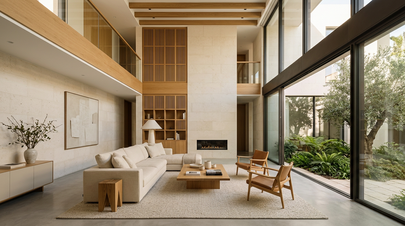 The double-height living room, full-height glazing opening onto the courtyard beyond.