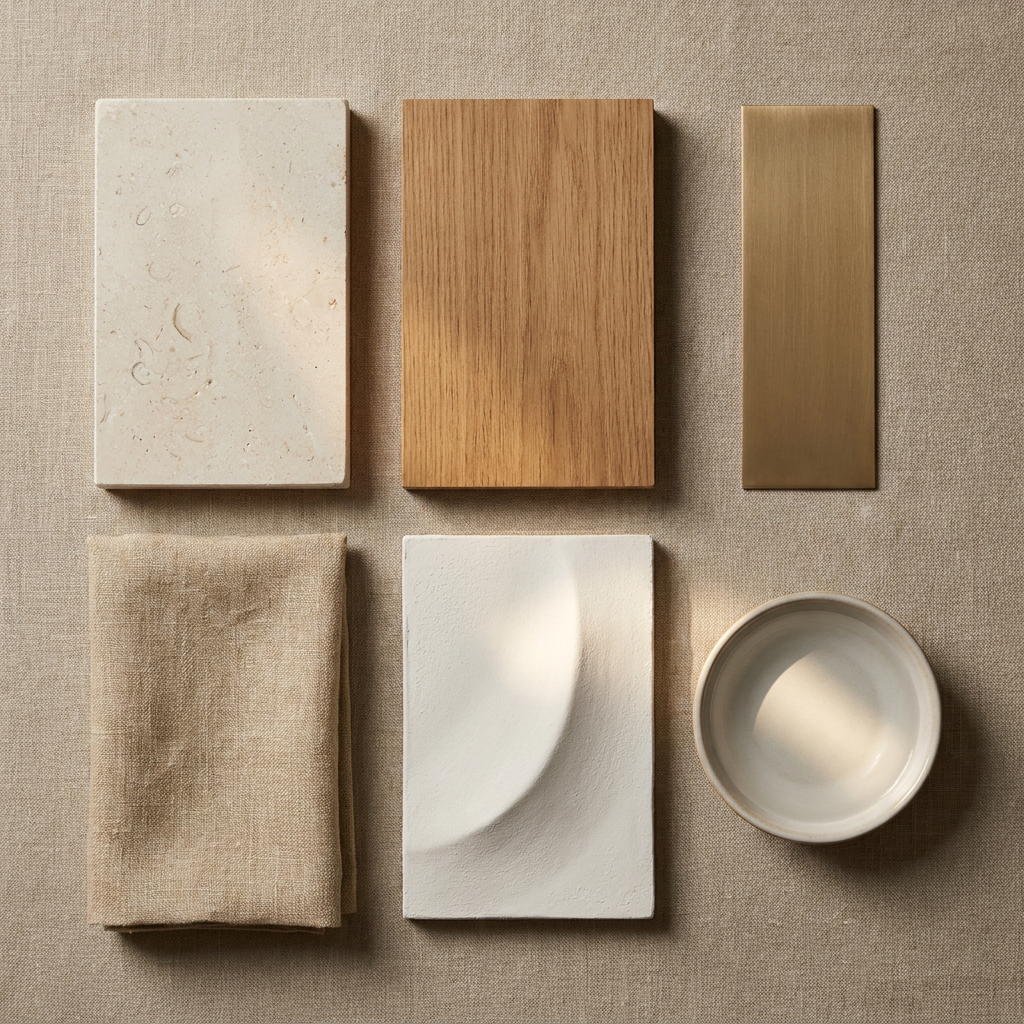Six luxury interior material studies: limestone, oak, bronze, textile, light and water