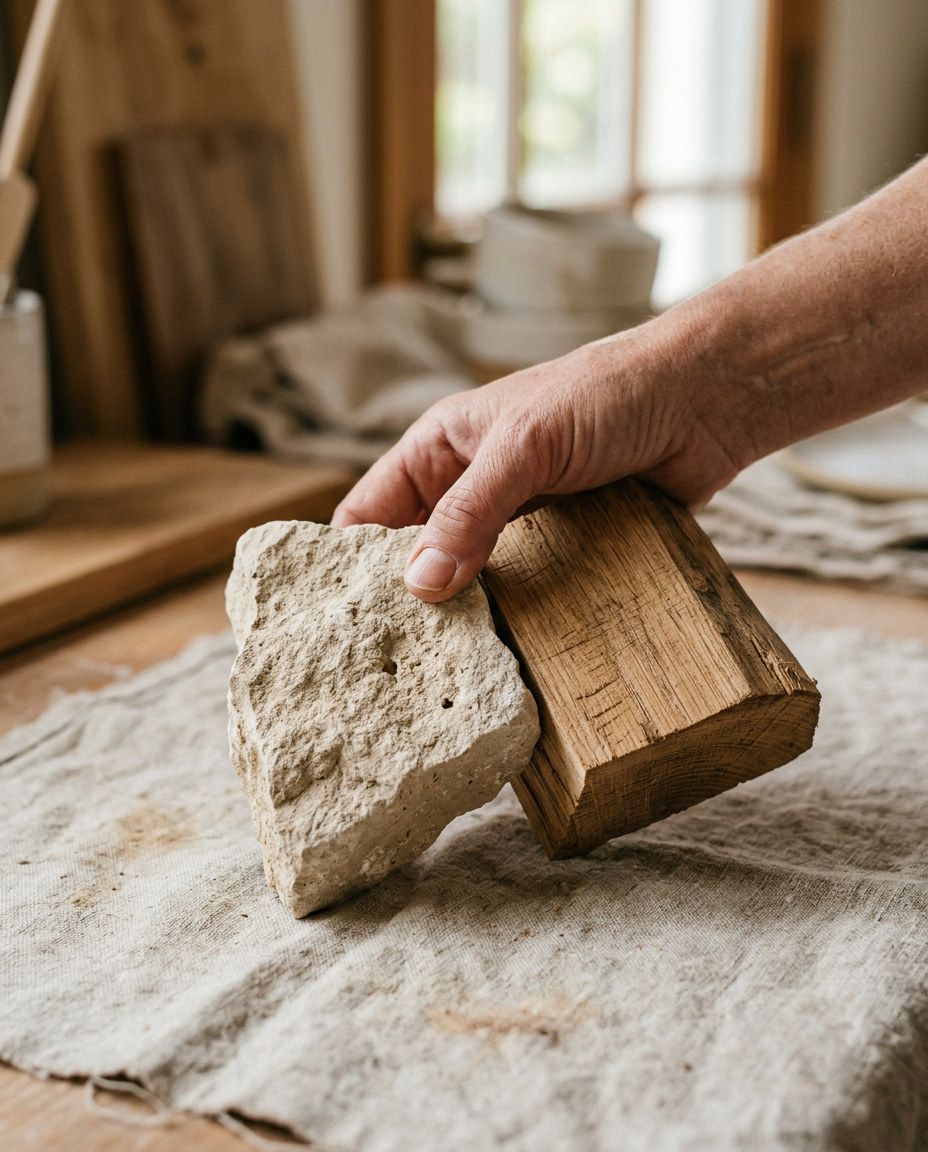 A hand holding a limestone sample beside a piece of oak.