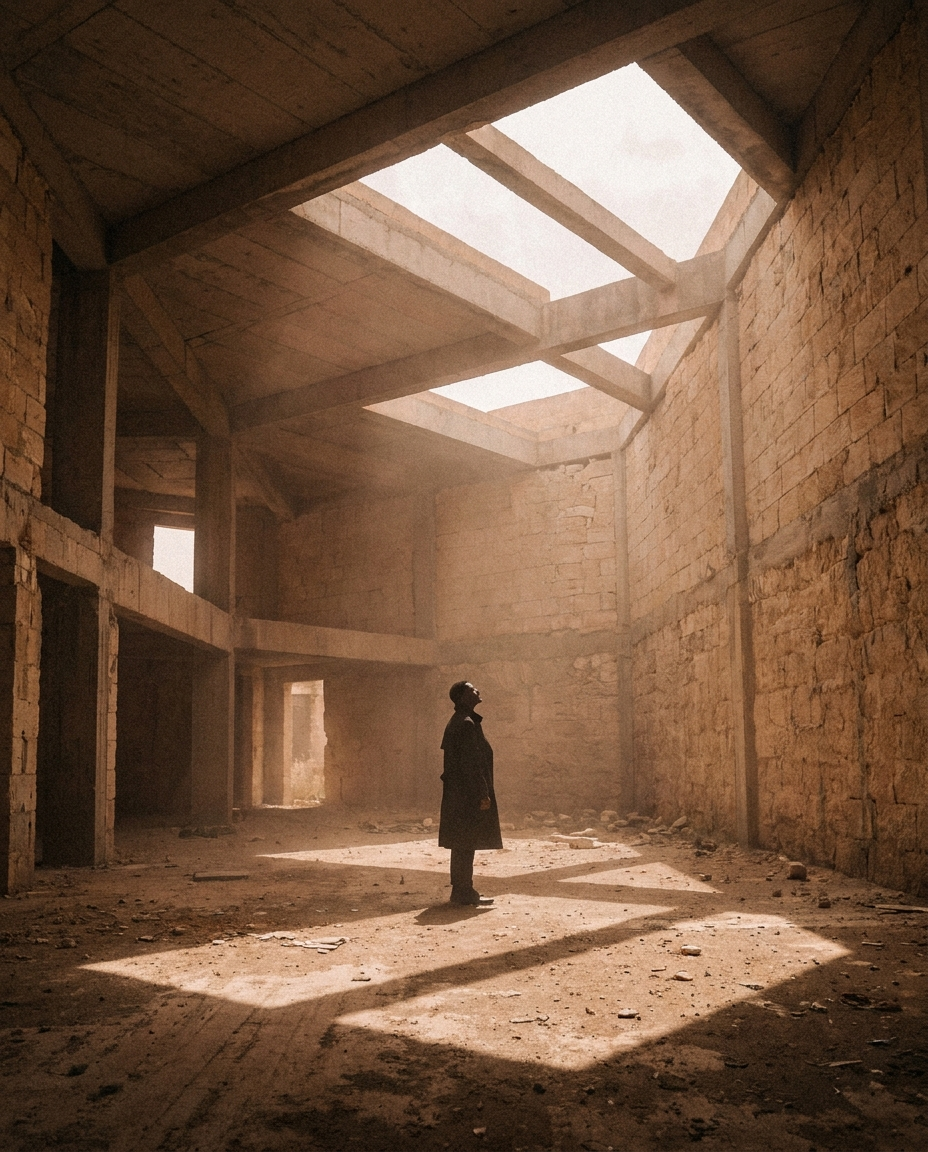 A figure standing small within unfinished architecture, studying the fall of light.