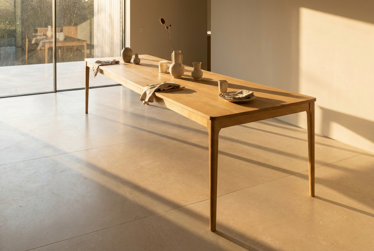 A continuous limestone floor draws every shared space back towards the dining room.