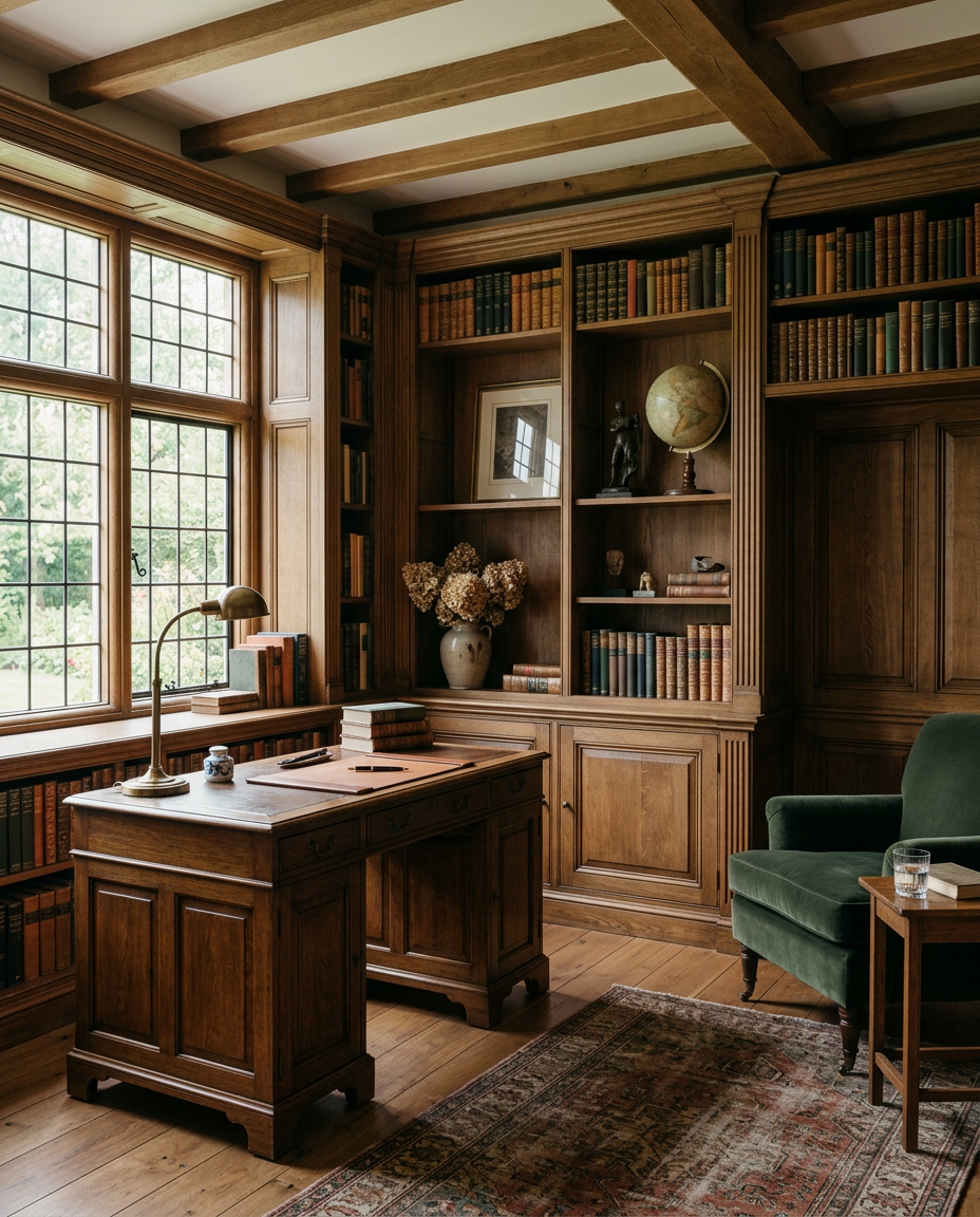 Books and objects held within oak joinery designed as part of the architecture.