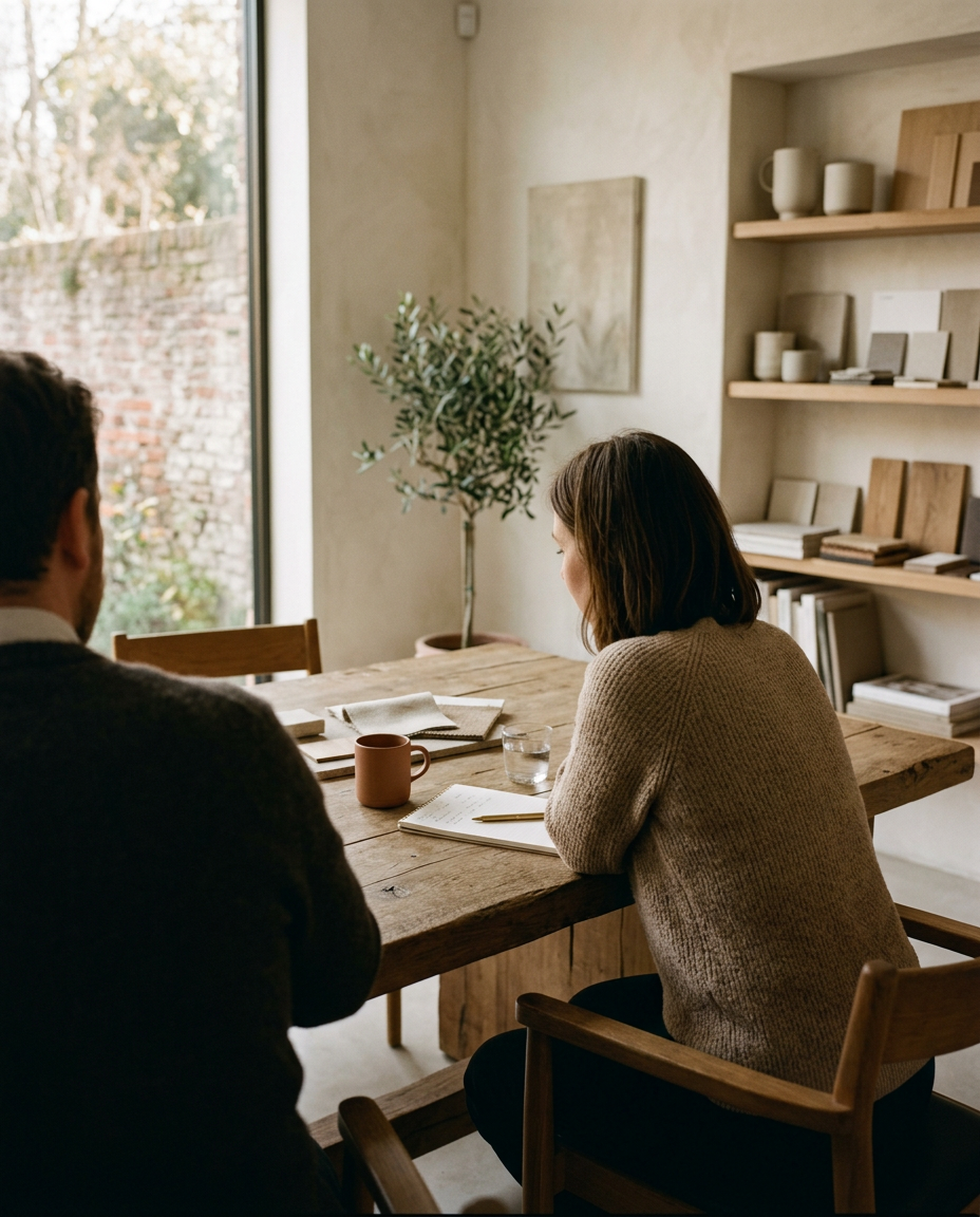 Amrat listening across an oak table during a private conversation, seen from behind.