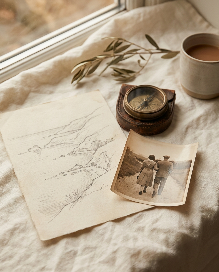 A sketch laid beside a worn brass compass and a family photograph.