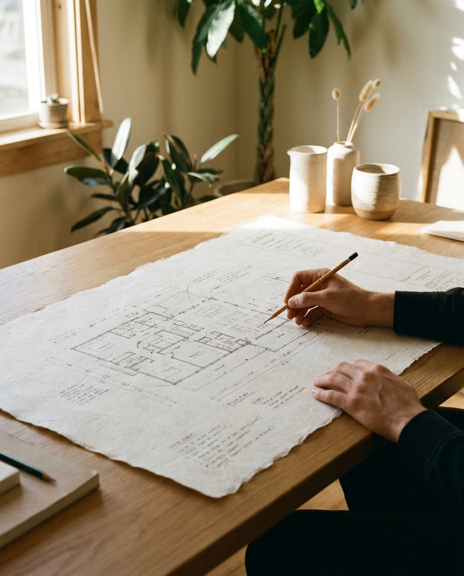 Hands annotating a large architectural plan on handmade paper.