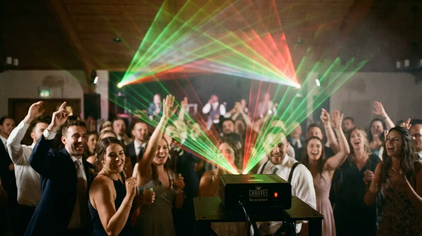 CHAUVET Scorpion laser firing RGB beams at wedding dance floor