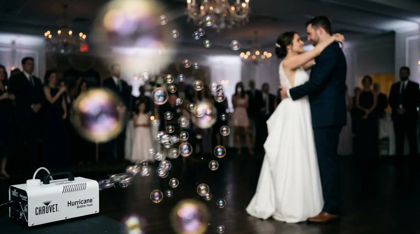 CHAUVET Hurricane Bubble Haze machine surrounding first dance with glowing bubbles