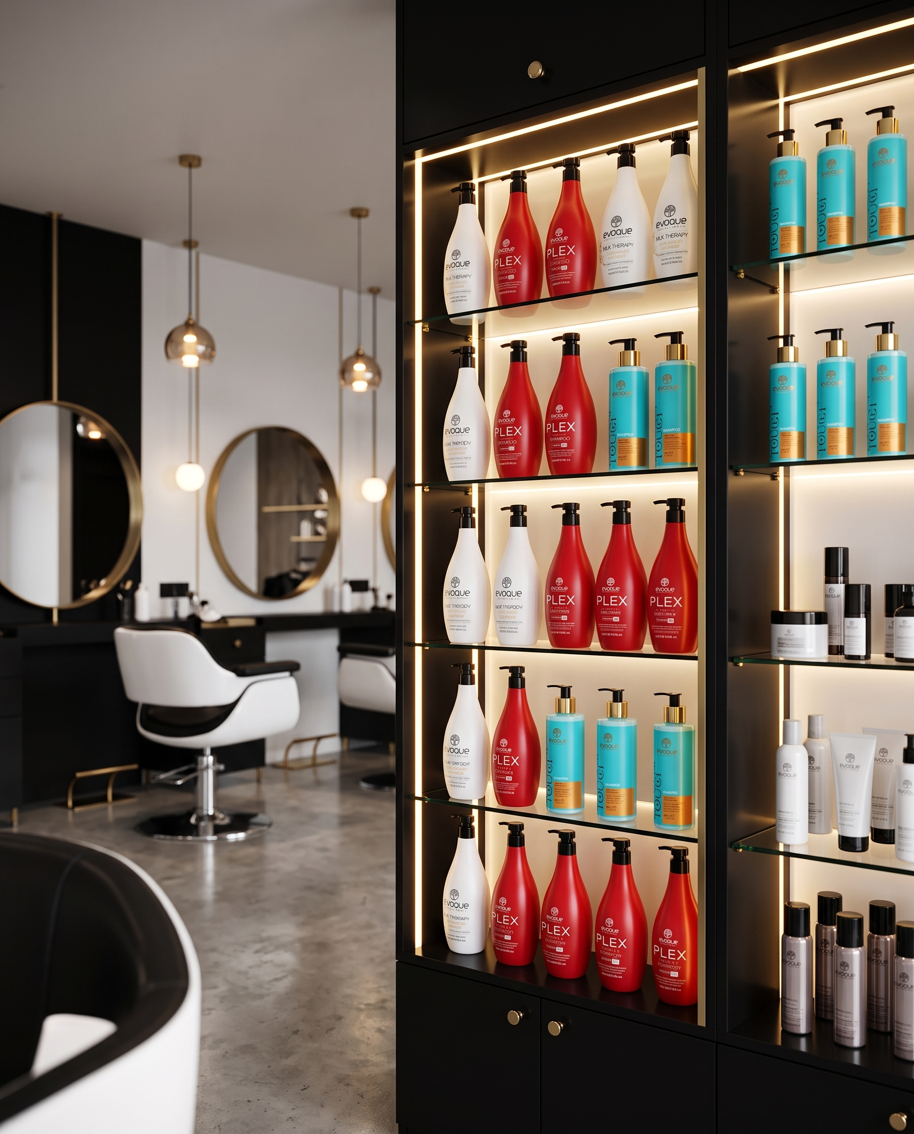 Evoque backbar shelf in a modern salon