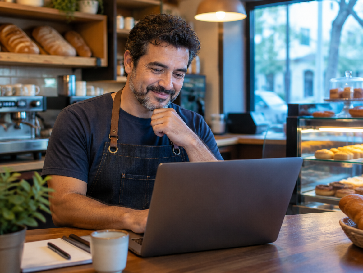 Dono de cafeteria conferindo as finanças no notebook atrás do balcão