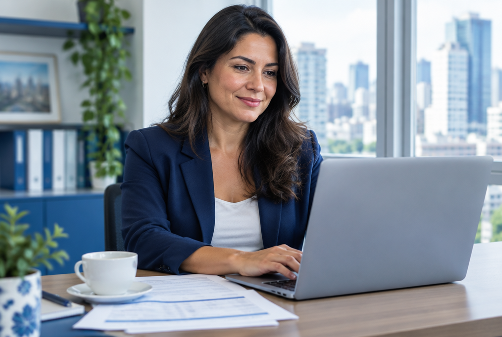 Contadora em escritório de contabilidade usando o notebook