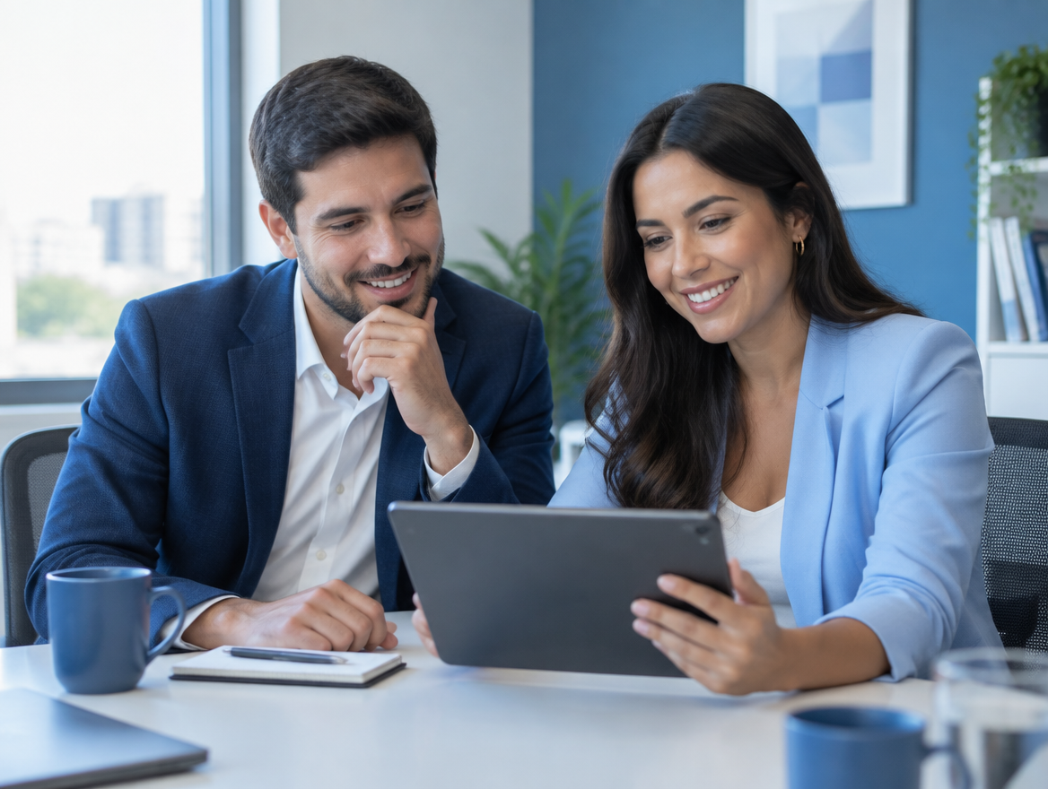 Profissionais de BPO financeiro analisando um relatório no tablet