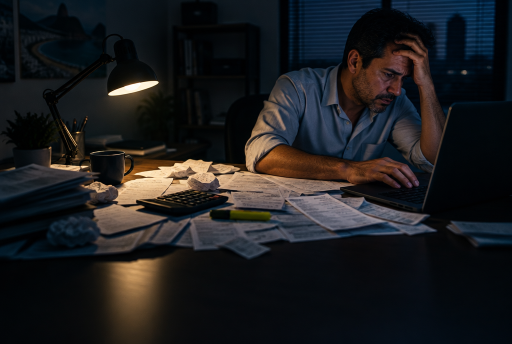 Homem cansado digitando lançamentos de extratos bancários impressos