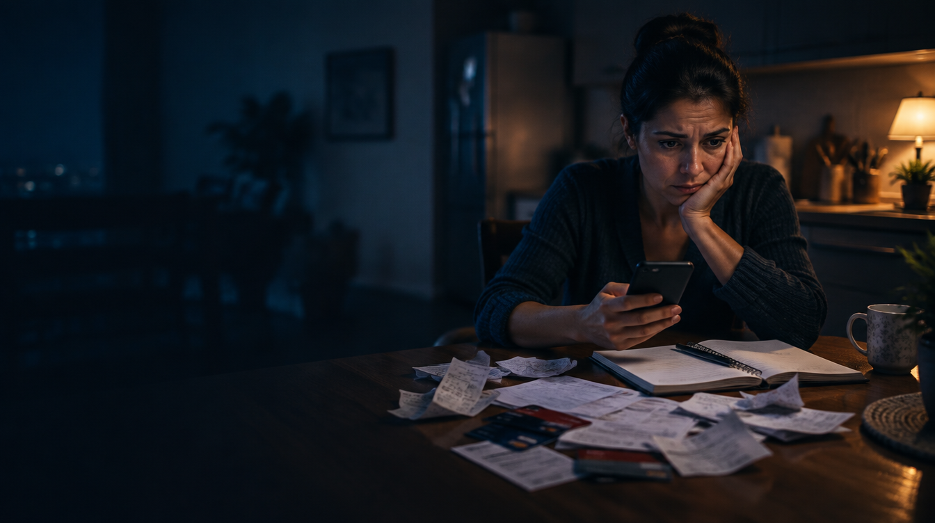 Emprendedora preocupada, de noche, mirando el celular rodeada de resúmenes de tarjeta y recibos