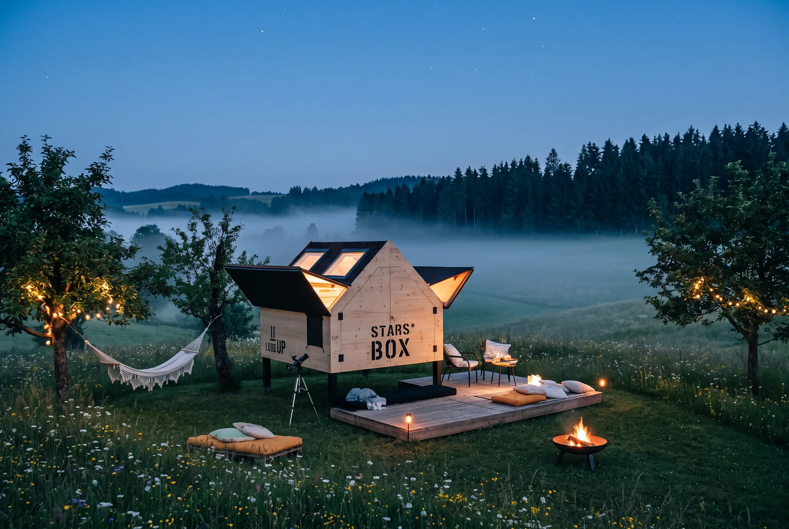 Paar am Feuer vor der Holzbox in der Abenddämmerung