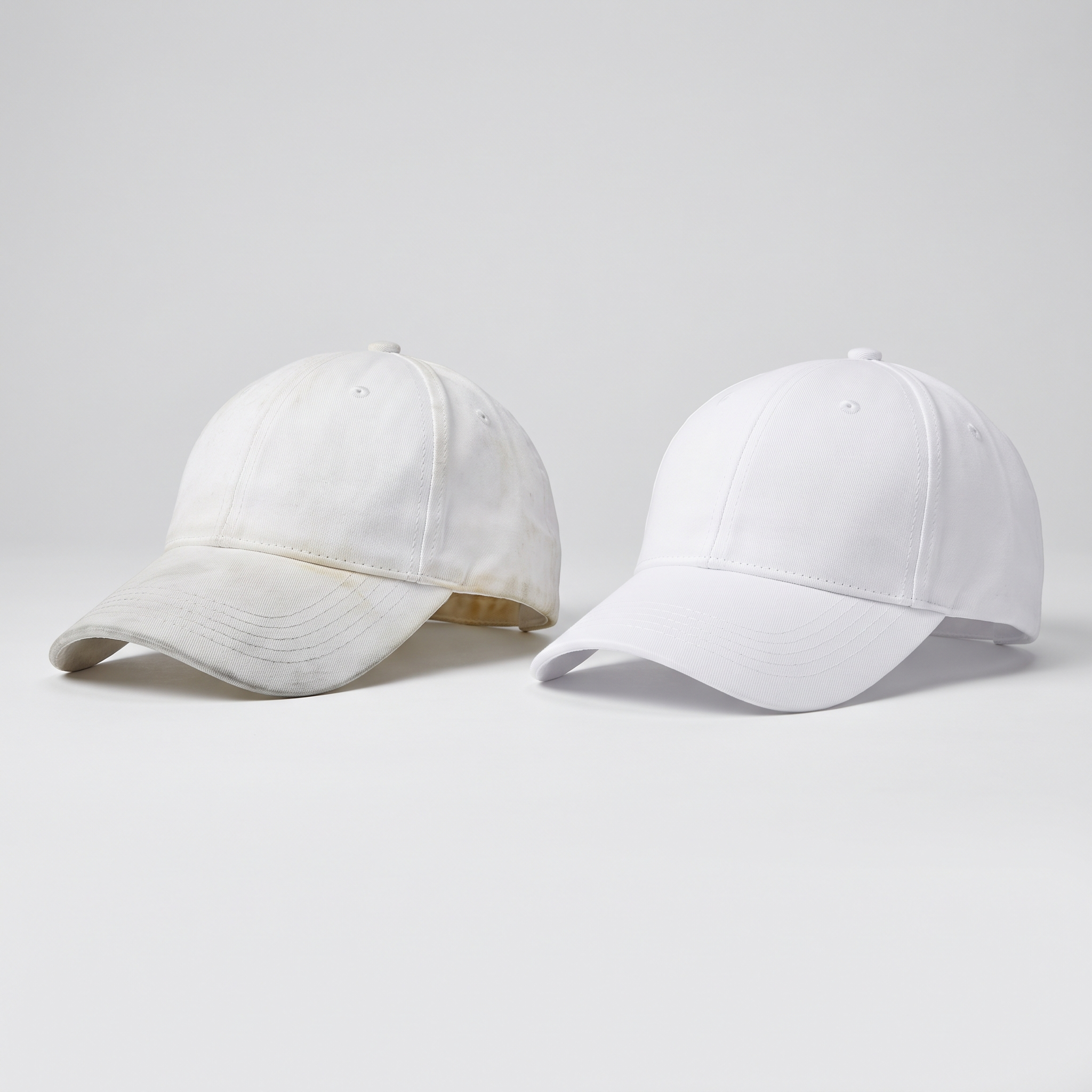 Two white baseball caps side by side, one with a grimy brim and yellowed band, one clean.