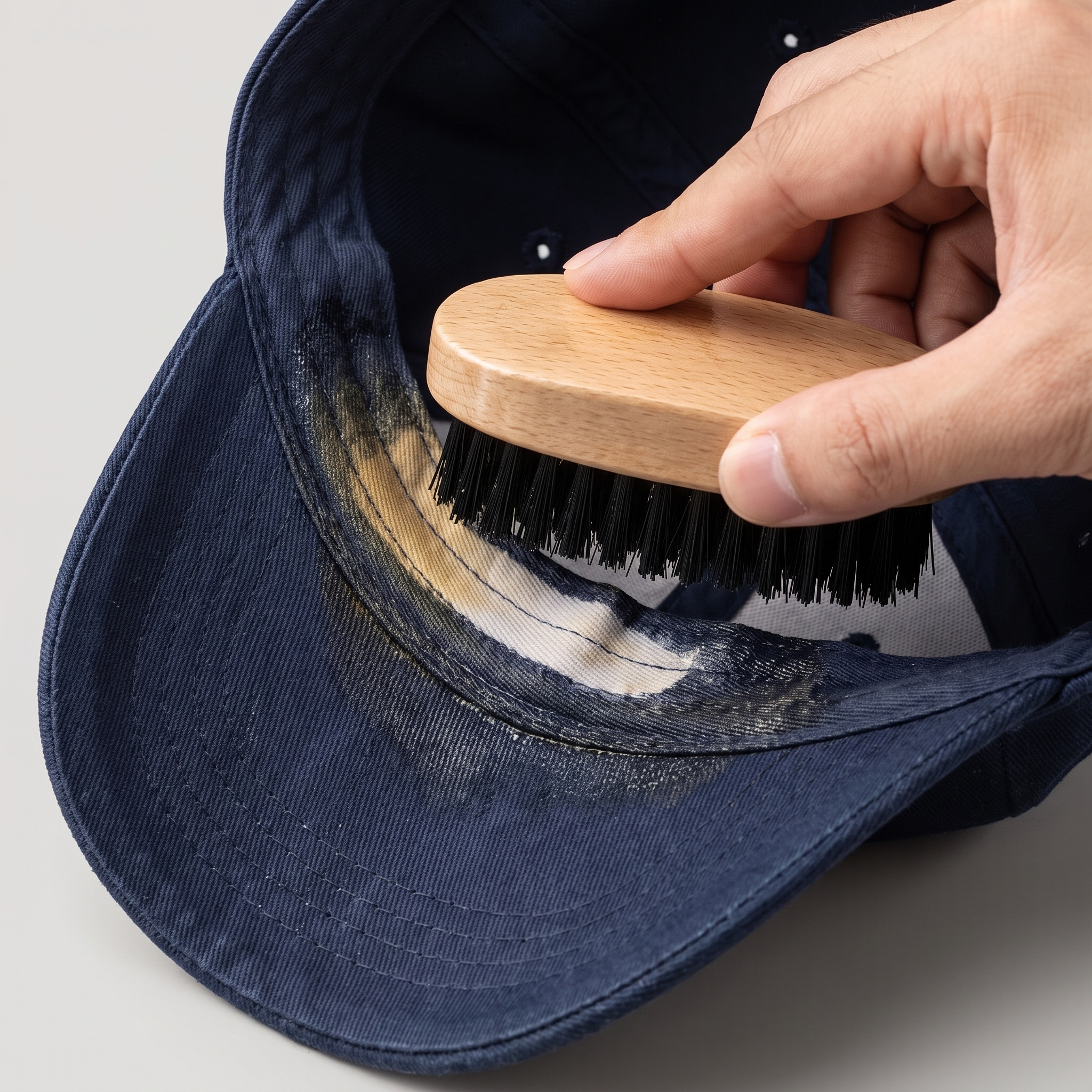 Close-up of the soft-bristle brush lifting dirt from the inner sweatband of a navy cap.