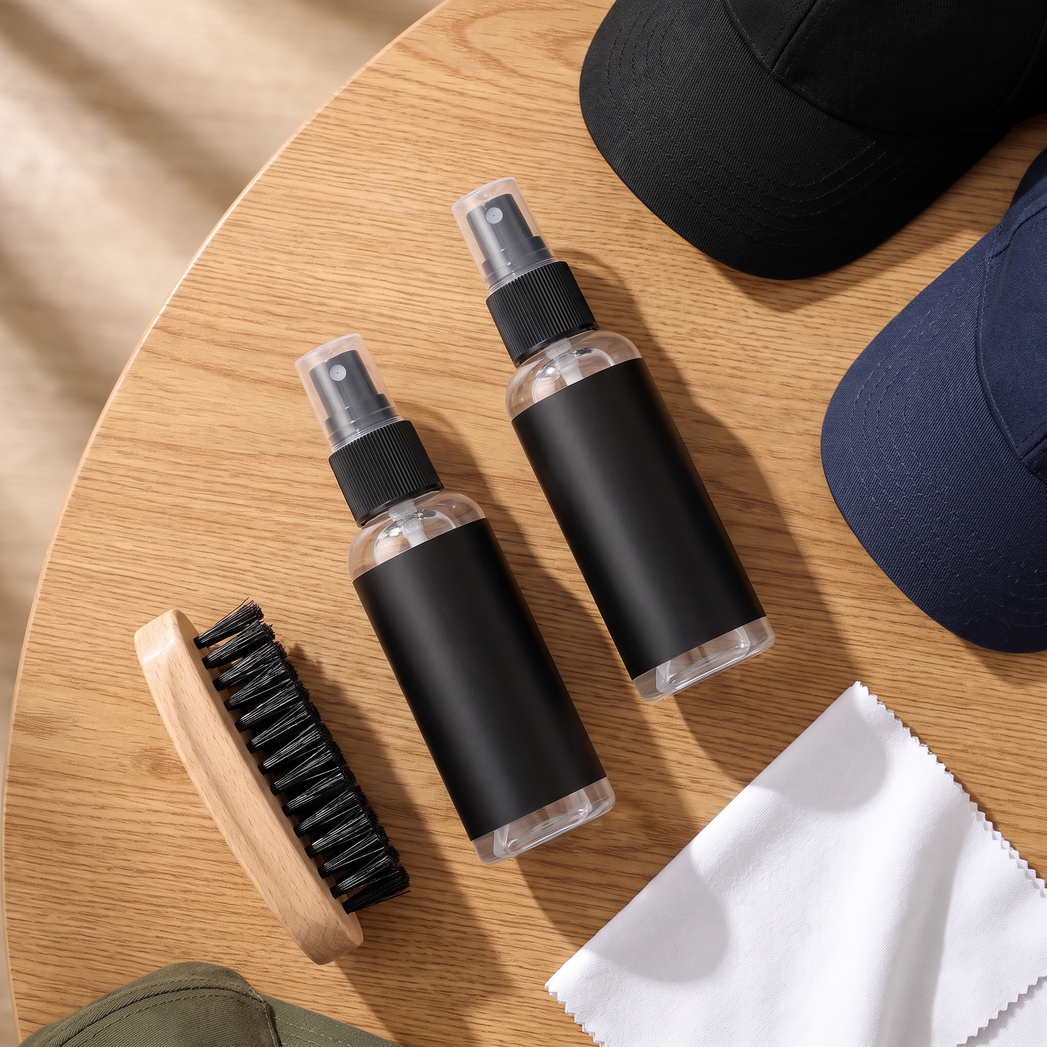 Baseball cap cleaner kit with two spray bottles, a wooden-handled brush, a microfibre cloth and three baseball caps on a wooden table.