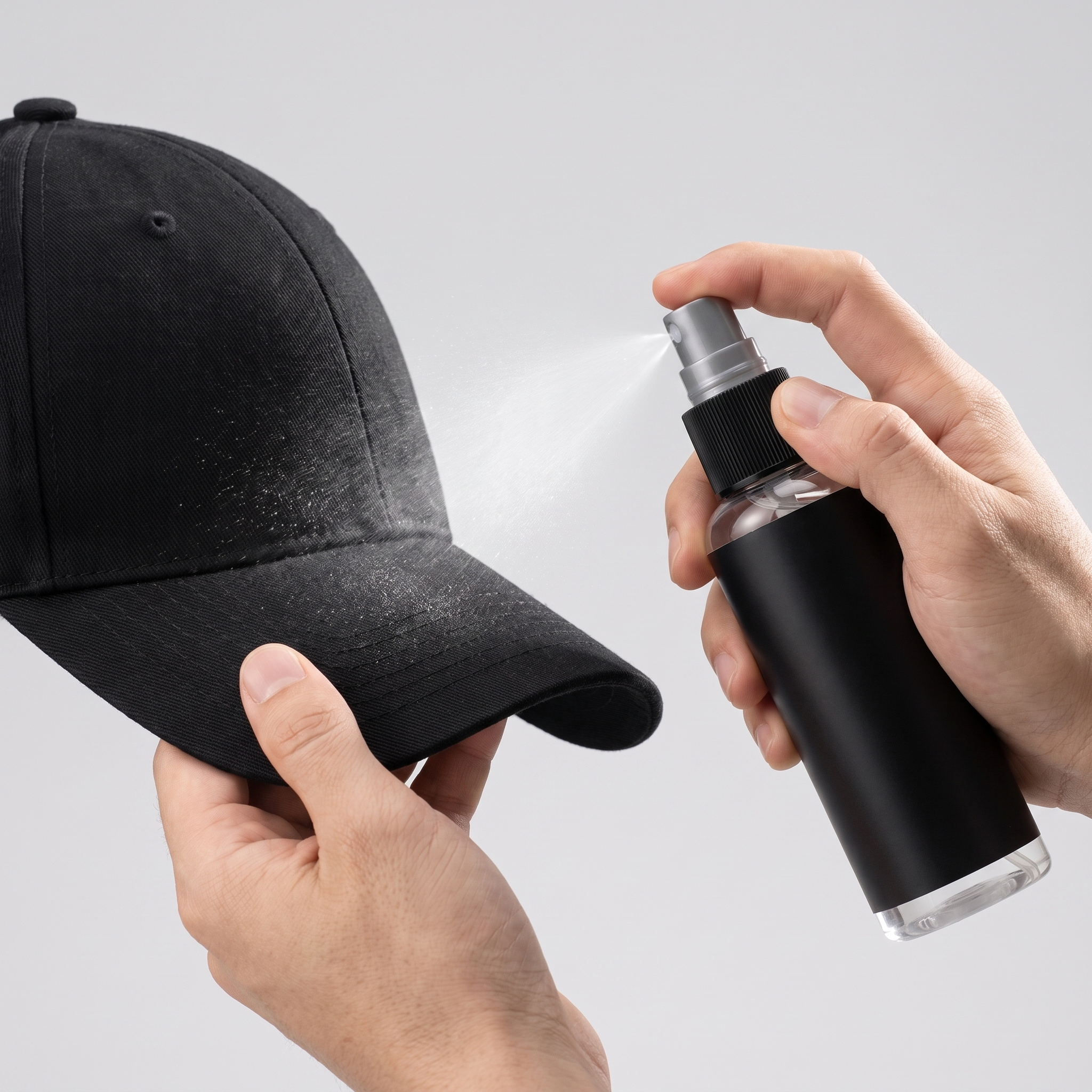 Hands holding a black baseball cap while spraying a fine mist baseball cap cleaner onto the curved brim.