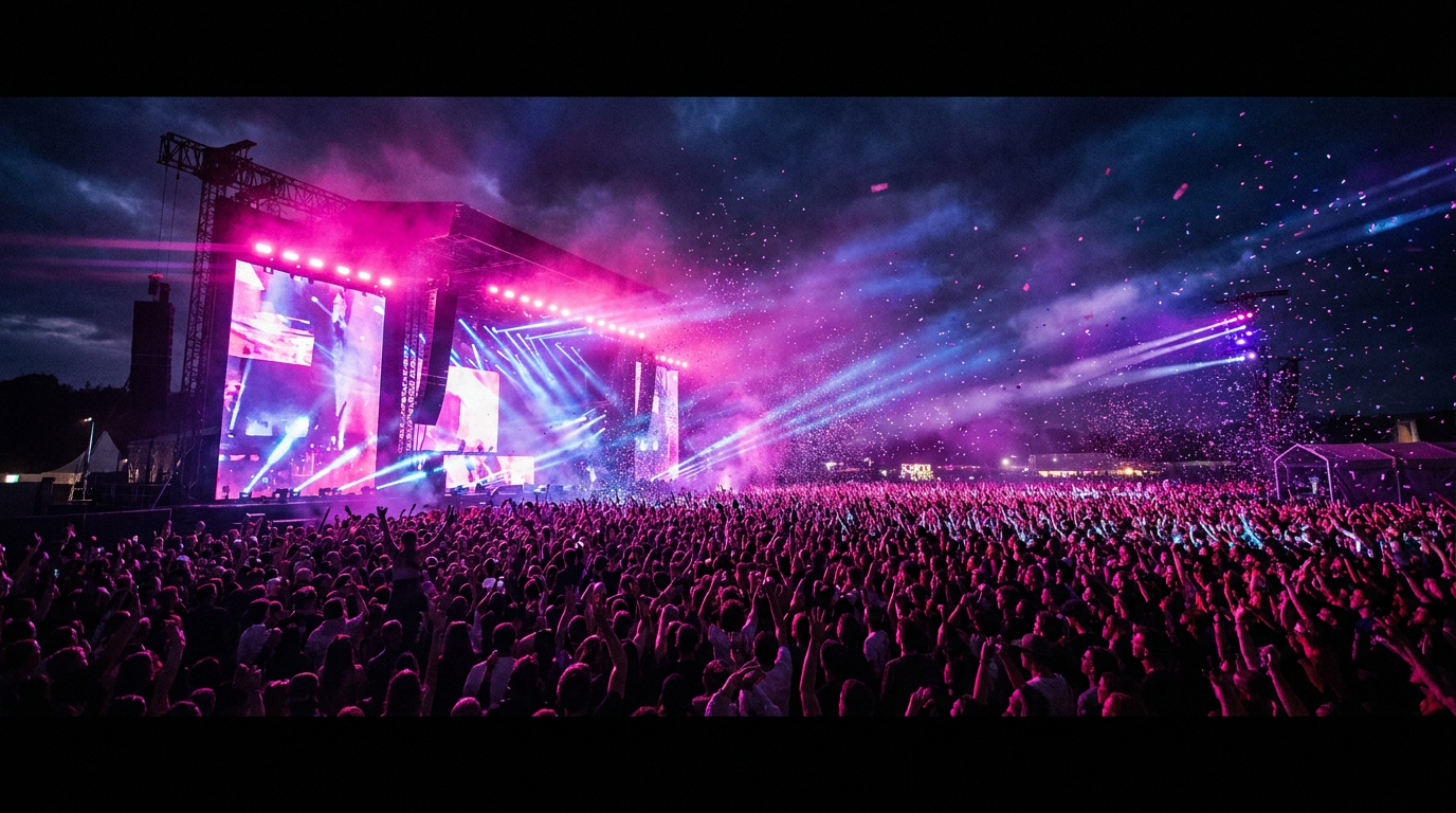 Massive live concert crowd under neon lights